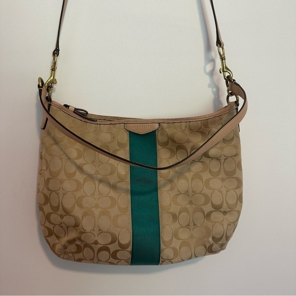 Coach Beige/Green signature canvas & leather Devin stripe shoulder bag & wallet - Picture 9 of 14